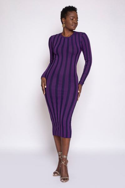 Violet & Navy Stripe Bodycon Rib-Knit Dress - front